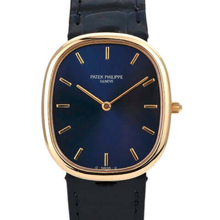 Patek Philippe Ellipse d’Or 3738/100J-001, schwarze Lederband, 18 kt Gelbgold Gehäuse, blaues Zifferblatt.