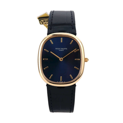 Patek Philippe Ellipse d’Or 3738/100J-001, 18 kt Gelbgold, schwarzes Lederband, blaues Zifferblatt, Automatik, sehr guter Zustand.