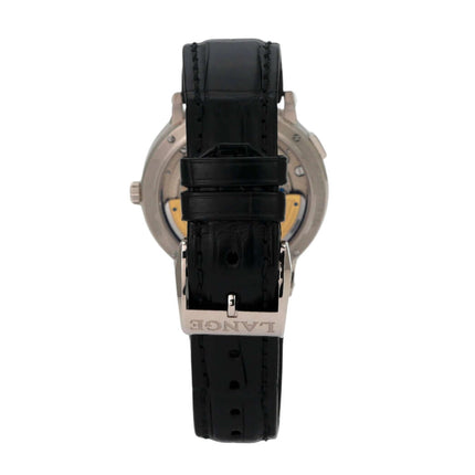 A. Lange & Söhne Saxonia Grossdatum Automatik Weißgold 381.029 mit schwarzem Alligatorlederband von hinten
