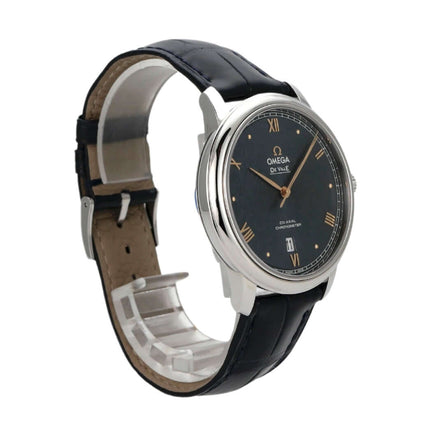 Omega De Ville Prestige Co-Axial 424.13.40.20.03.004, Edelstahlgehäuse, schwarzes Lederband, blaue Ziffernblatt mit römischen Ziffern.