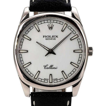 Rolex Cellini Danaos 4243/9 Weißgold, weiße Zifferblatt-Uhr mit schwarzem Lederband und Weißgoldgehäuse