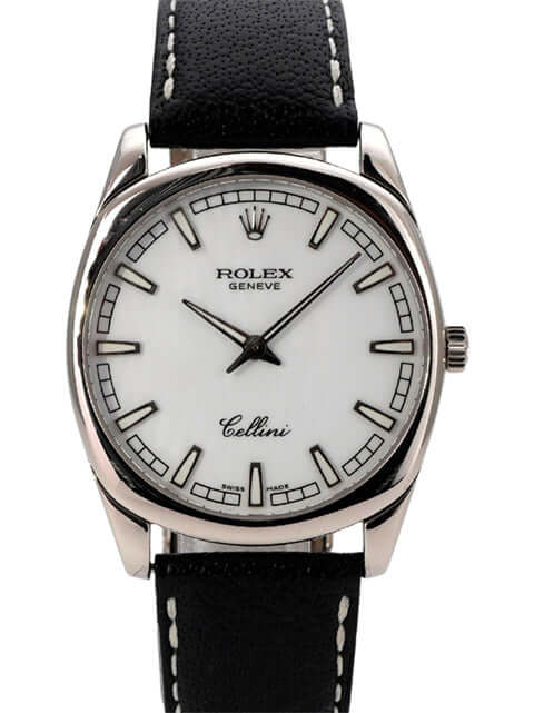 Rolex Cellini Danaos 4243/9 Weißgold, weiße Zifferblatt-Uhr mit schwarzem Lederband und Weißgoldgehäuse