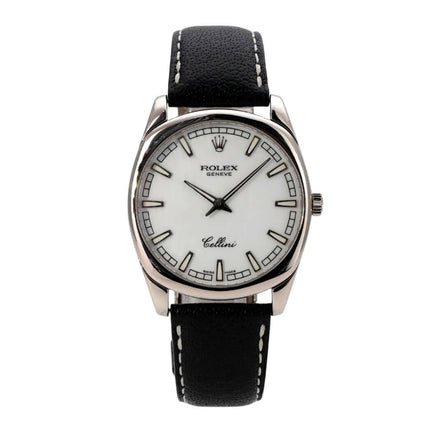 Rolex Cellini Danaos 4243/9 Weißgold, gebrauchte Luxusuhr mit weißem Zifferblatt und schwarzem Lederband
