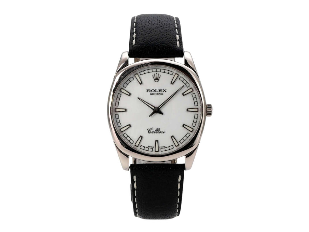 Rolex Cellini Danaos 4243/9 Weißgold, gebrauchte Luxusuhr mit weißem Zifferblatt und schwarzem Lederband