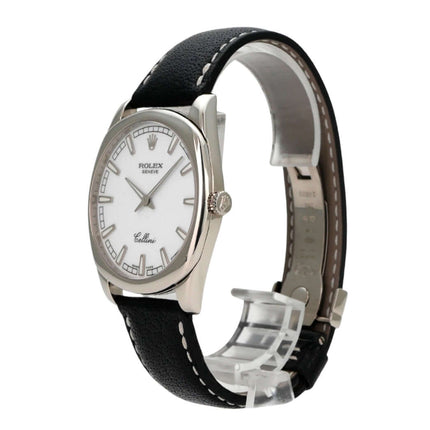Rolex Cellini Danaos 4243/9 Weißgold, gebrauchte Rolex Herrenuhr mit schwarzem Lederband und weißem Zifferblatt