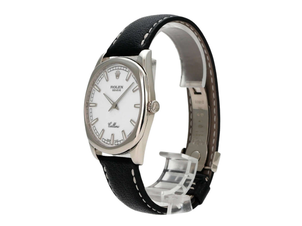Rolex Cellini Danaos 4243/9 Weißgold, gebrauchte Rolex Herrenuhr mit schwarzem Lederband und weißem Zifferblatt