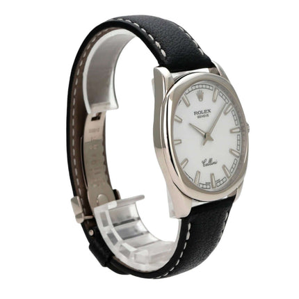 Rolex Cellini Danaos 4243/9 Weißgold mit schwarzem Lederband und weißem Zifferblatt, gebraucht, sehr guter Zustand