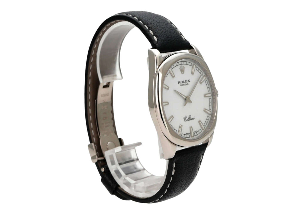 Rolex Cellini Danaos 4243/9 Weißgold mit schwarzem Lederband und weißem Zifferblatt, gebraucht, sehr guter Zustand