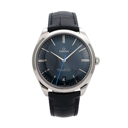 Omega De Ville Tresor Orbis 432.13.40.21.03.001 mit blauem Zifferblatt und Lederband, elegantes Design.