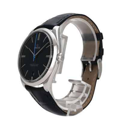 Omega De Ville Tresor Orbis 432.13.40.21.03.001, Edelstahlgehäuse, schwarzes Zifferblatt, blaues Lederband.