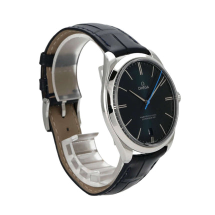 Omega De Ville Tresor Orbis 432.13.40.21.03.001 mit schwarzem Lederband und blauem Zifferblatt, elegantes Design.