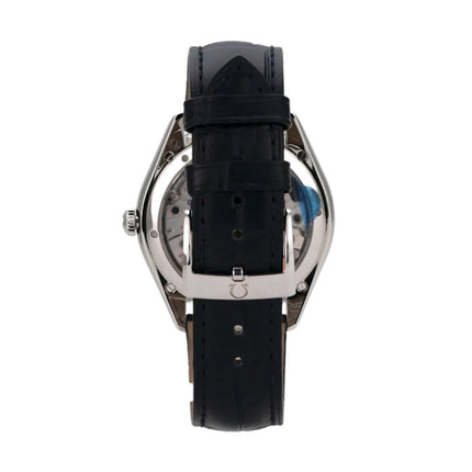 Omega De Ville Tresor Orbis 432.13.40.21.03.001 Rückansicht mit schwarzem Lederarmband und Edelstahl-Gehäuse.