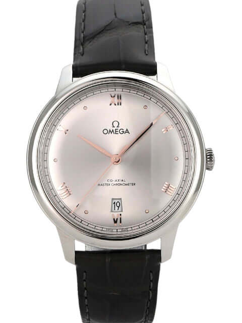 Omega De Ville Prestige Armbanduhr mit schwarzem Lederband, grauem Zifferblatt und römischen Ziffern, Edelstahlgehäuse.