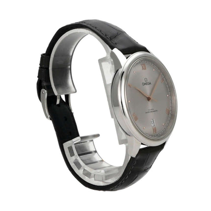Omega De Ville Prestige 434.13.40.20.06.001 elegante Armbanduhr mit schwarzem Lederband und grauem Zifferblatt.