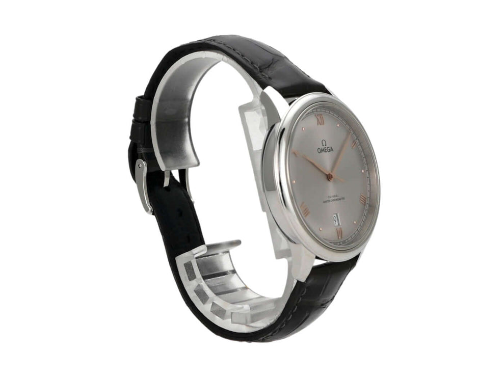 Omega De Ville Prestige 434.13.40.20.06.001 elegante Armbanduhr mit schwarzem Lederband und grauem Zifferblatt.