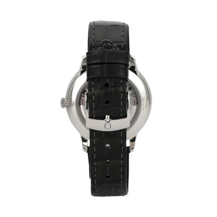 Omega De Ville Prestige 434.13.40.20.06.001 mit schwarzem Lederarmband und Edelstahlgehäuse von hinten.