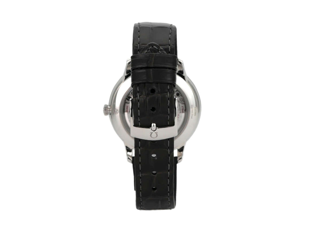 Omega De Ville Prestige 434.13.40.20.06.001 mit schwarzem Lederarmband und Edelstahlgehäuse von hinten.