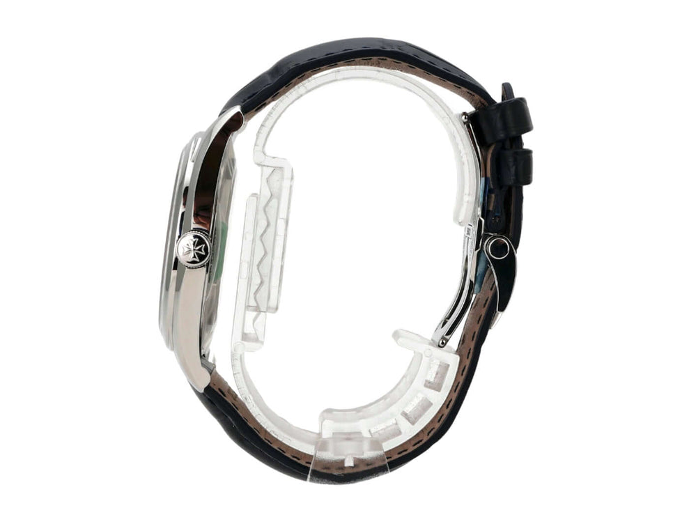 Vacheron Constantin Fiftysix 4600E/000A-B487 seitliche Ansicht mit blauem Lederband und Edelstahlgehäuse.