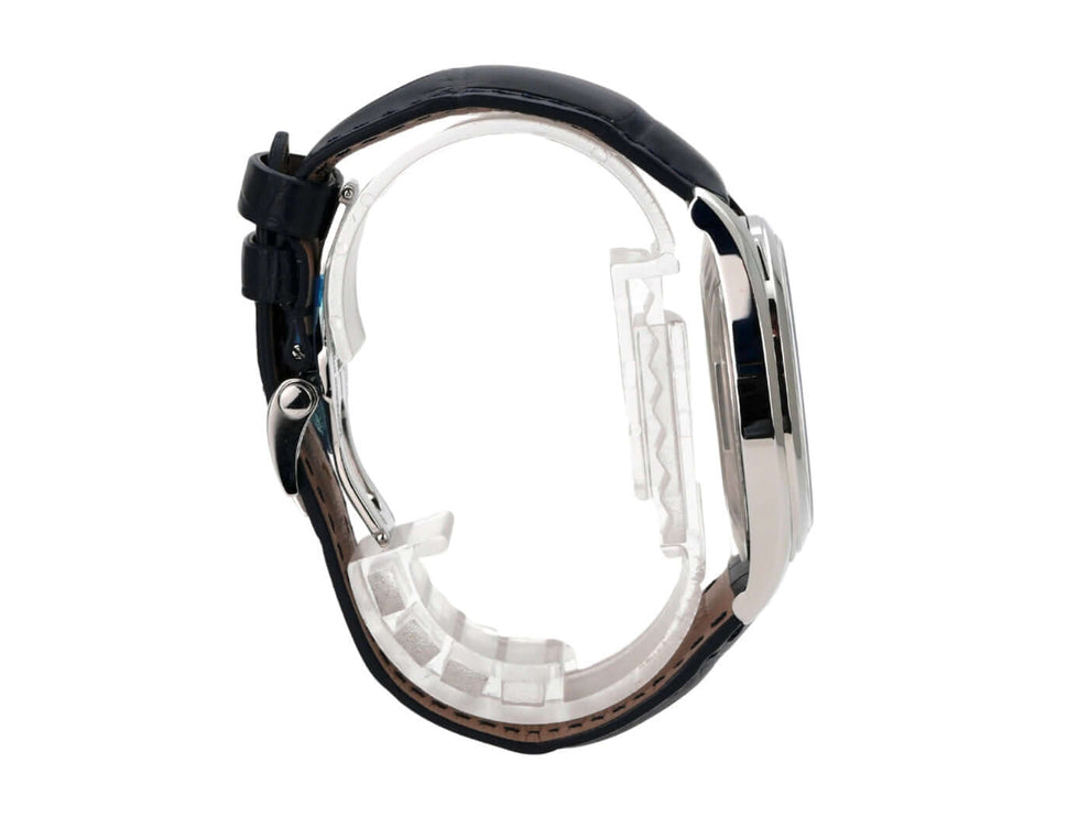 Vacheron Constantin Fiftysix 4600E/000A-B487 seitliche Ansicht der Uhr mit blauem Lederband und Edelstahlgehäuse