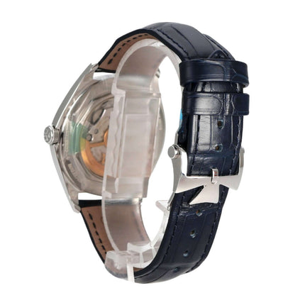 Vacheron Constantin Fiftysix 4600E/000A-B487 Armbanduhr mit blauem Lederband und poliertem Edelstahlgehäuse.