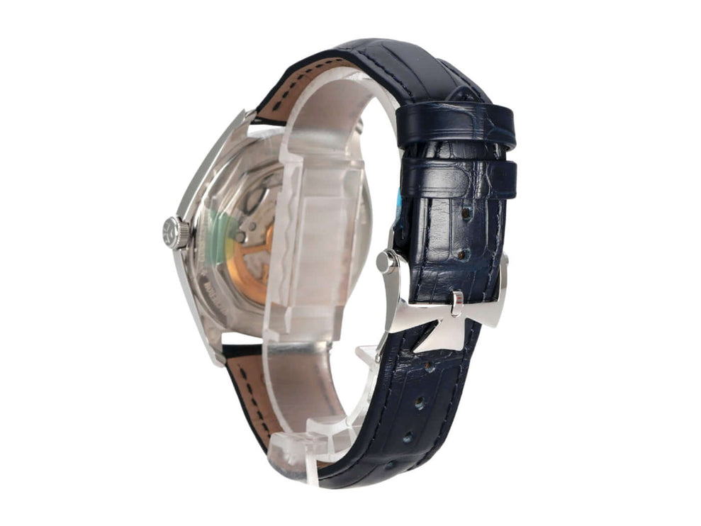 Vacheron Constantin Fiftysix 4600E/000A-B487 Armbanduhr mit blauem Lederband und poliertem Edelstahlgehäuse.