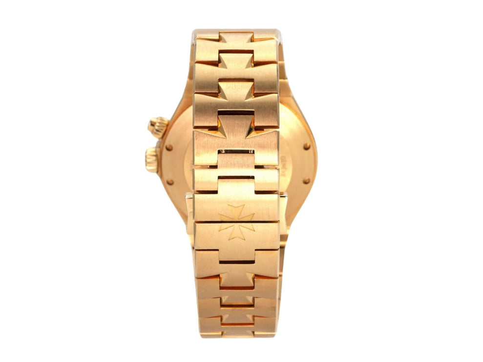 Vacheron Constantin Overseas Dual Time 47450/B01J-9228, Gelbgoldarmband, poliert und satiniert, detailreiche Aufnahme.
