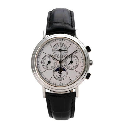 Vacheron Constantin Patrimony 49005-000P-2031 Uhr mit schwarzem Lederband und silberfarbenem Zifferblatt.