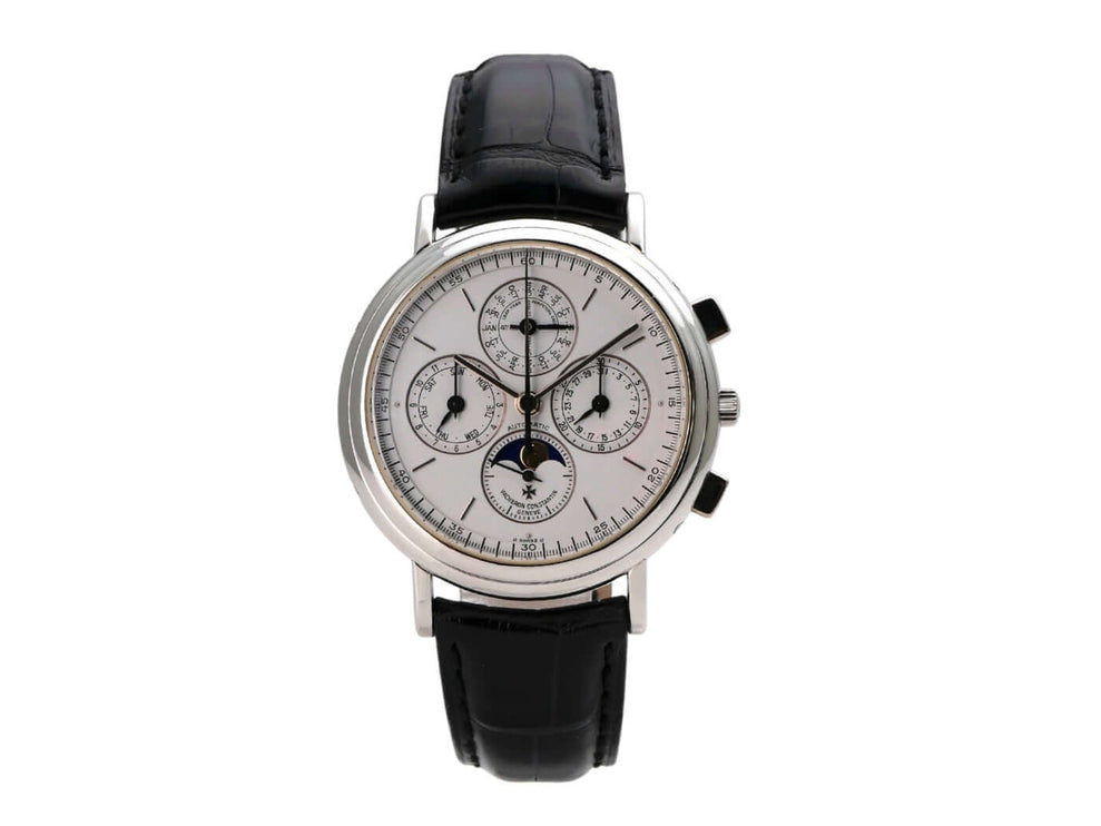 Vacheron Constantin Patrimony 49005-000P-2031 Uhr mit schwarzem Lederband und silberfarbenem Zifferblatt.