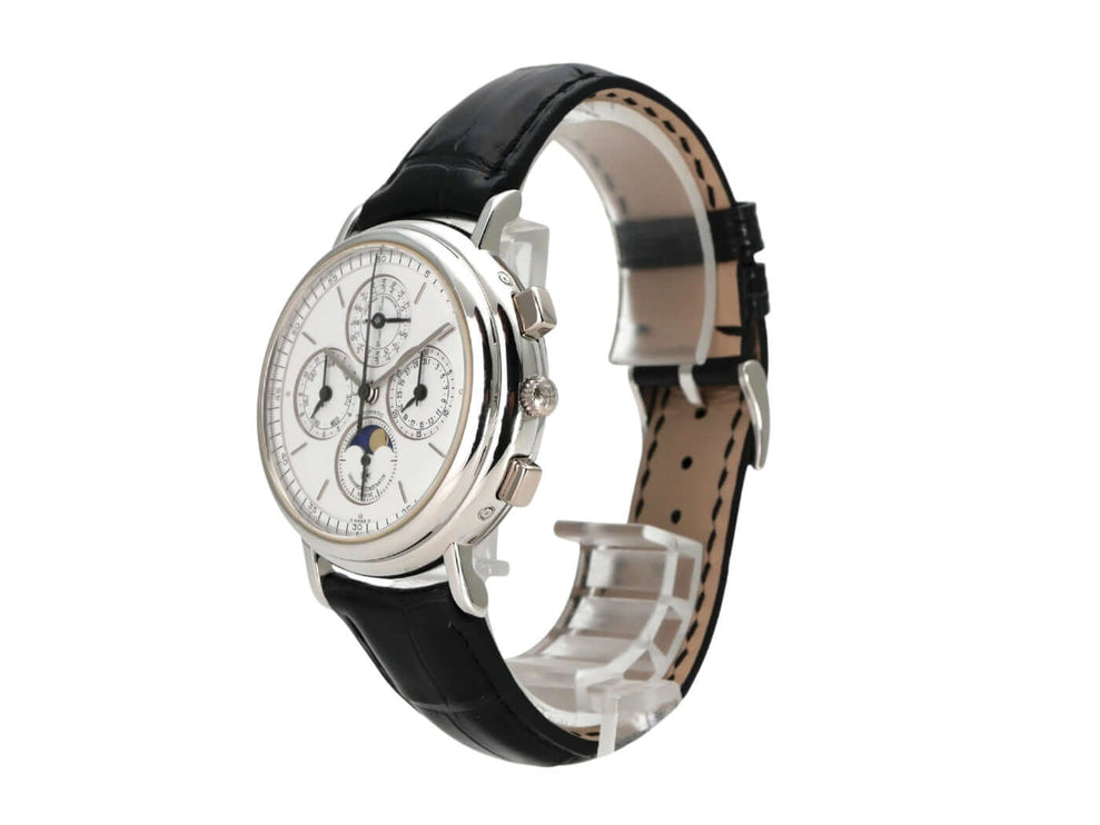 Vacheron Constantin Patrimony 49005-000P-2031 Uhr mit schwarzem Lederband und silberfarbenem Zifferblatt.