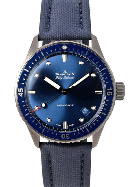 Blancpain Fifty Fathoms Bathyscaphe 5000-0240-052A, blaue Taucheruhr mit Keramiklünette und Segeltuchband