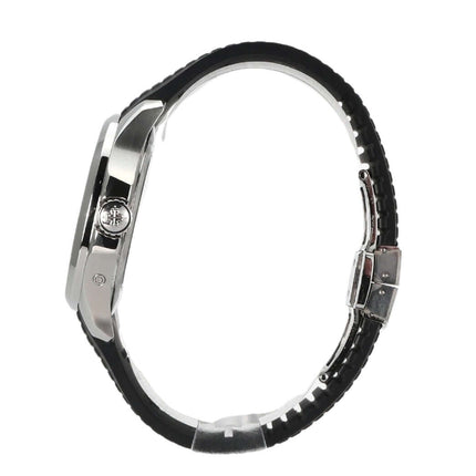 Seitenansicht der Patek Philippe Aquanaut Travel Time 5164A-001 mit poliertem Edelstahlgehäuse und schwarzem Kautschukband.