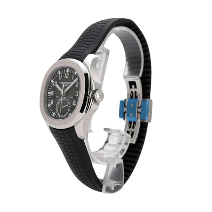 Patek Philippe Aquanaut Travel Time 5164A-001, Edelstahlgehäuse, schwarzes Kautschukband, schwarzes Zifferblatt.