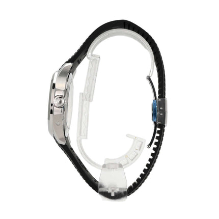 Seitenansicht der Patek Philippe Aquanaut Travel Time 5164A-001 mit schwarzem Kautschukband und poliertem Edelstahlgehäuse.