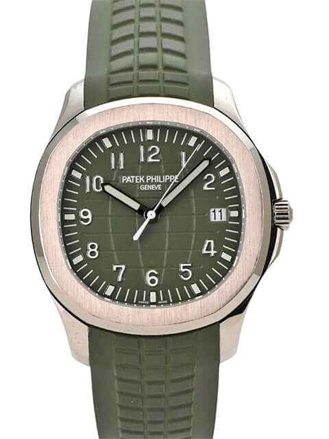 Patek Philippe Aquanaut Weißgold 5168G-010 mit grünem Zifferblatt und Kautschukband, 42,2 mm Gehäuse.