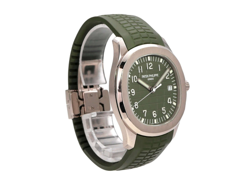 Patek Philippe Aquanaut Weißgold 5168G-010 Uhr mit grünem Kautschukband und grünen Zifferblatt.