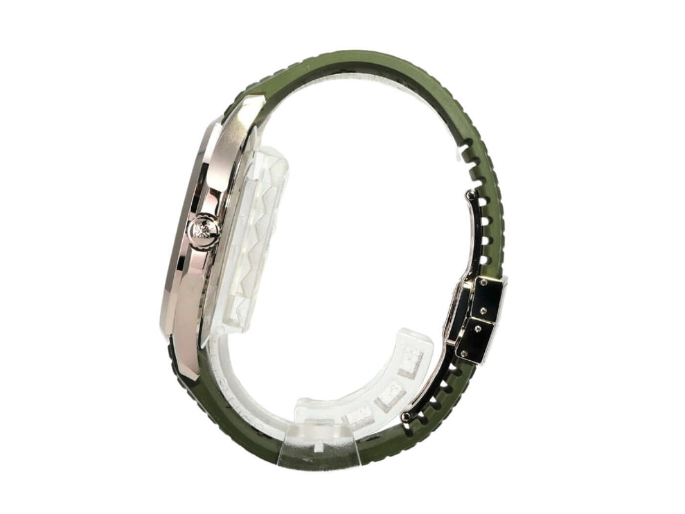 Patek Philippe Aquanaut Weißgold 5168G-010 seitliche Ansicht mit grünem Kautschukband und poliertem Gehäuse.