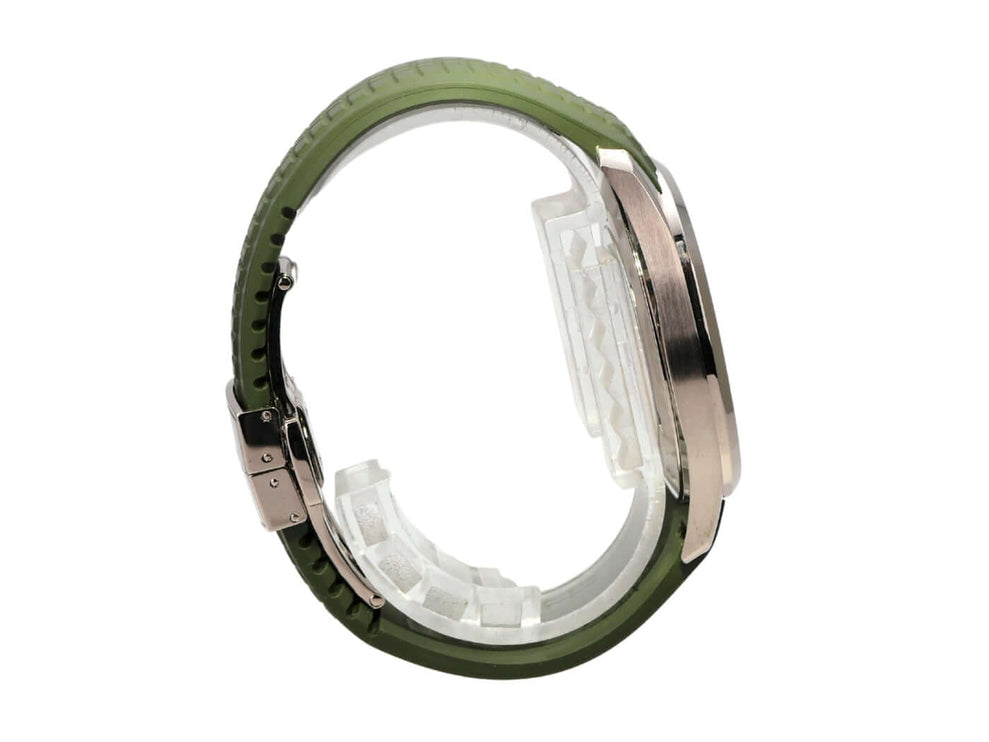 Seitenansicht der Patek Philippe Aquanaut Weißgold 5168G-010 mit grünem Kautschukband und poliertem Gehäuse.