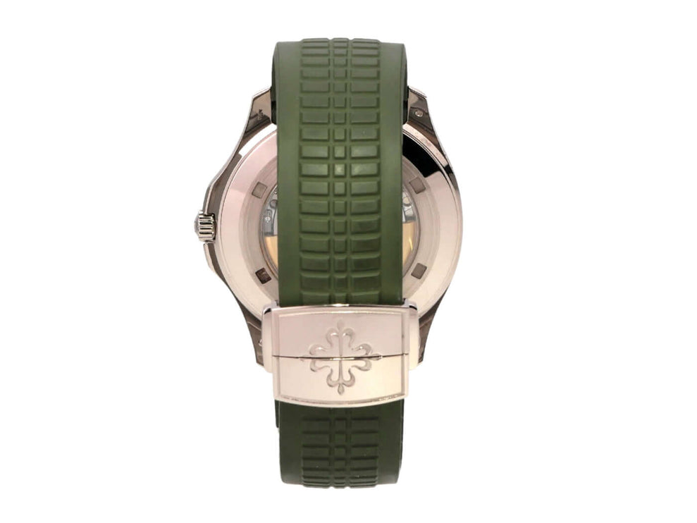 Patek Philippe Aquanaut Weißgold 5168G-010 mit grünem Kautschukband und poliertem Weißgold-Gehäuse.