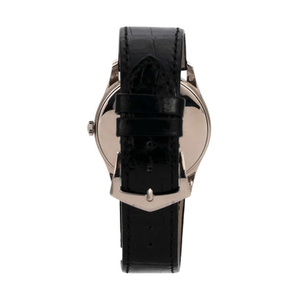 Rückansicht der Patek Philippe Calatrava Weißgold 5196G-001 mit schwarzem Alligatorlederband und Weißgold Dornschließe.