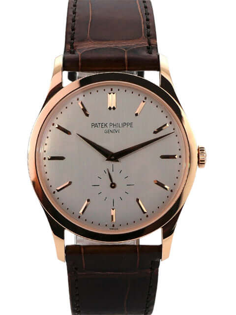 Patek Philippe Calatrava Roségold 5196R-001, 18 kt Roségold, silbernes Zifferblatt, schwarzes Lederband, elegante Handaufzuguhr.