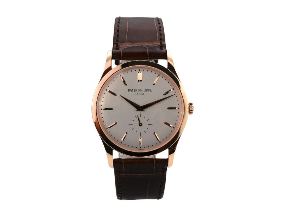 Patek Philippe Calatrava Roségold 5196R-001, 37mm, mit schwarzem Lederband und silbernem Zifferblatt.