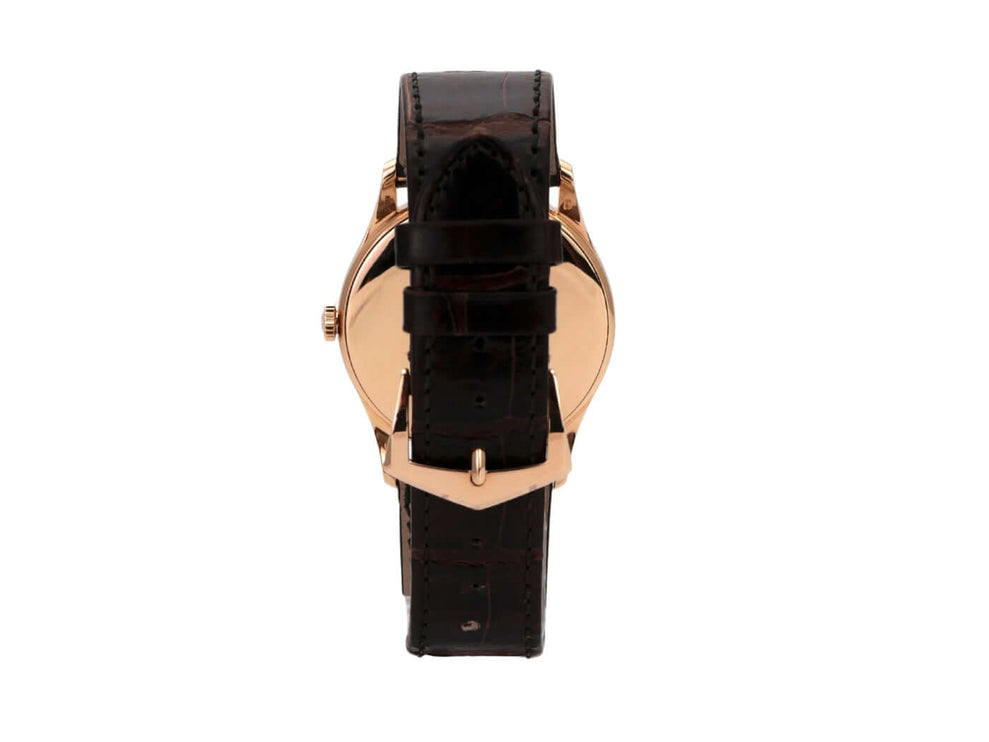 Patek Philippe Calatrava 5196R-001 Rückansicht mit schwarzem Lederband und Roségold Dornschließe.