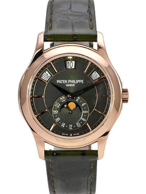 Patek Philippe Complications Annual Calendar Mondphase 5205R-011 mit 18 kt Roségold und grünem Zifferblatt.