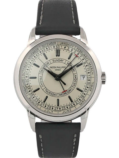 Patek Philippe Calatrava 5212A-001 Uhr mit opalfarbenem Zifferblatt, poliertem Edelstahlgehäuse und schwarzem Lederband.