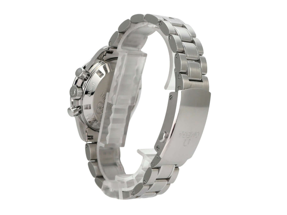 Omega Speedmaster Moonwatch 522.30.42.30.06.001 Tokyo 2020 Uhr mit Edelstahlarmband und Sicherheitsfaltschließe von der Seite.