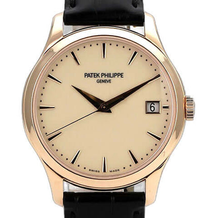 Patek Philippe Calatrava Roségold 5227R-001, 18 kt Roségold, schwarzes Lederarmband, elfenbeinfarbenes Zifferblatt