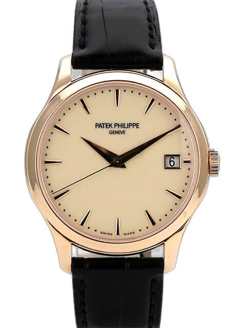 Patek Philippe Calatrava Roségold 5227R-001, 18 kt Roségold, schwarzes Lederarmband, elfenbeinfarbenes Zifferblatt
