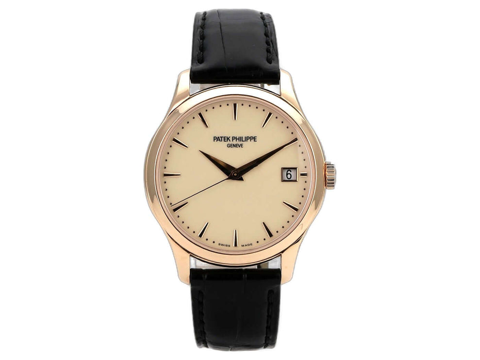 Patek Philippe Calatrava Roségold 5227R-001 mit elfenbeinfarbenem Zifferblatt und schwarzem Lederarmband