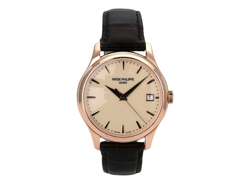 Patek Philippe Calatrava Roségold 5227R-001 Armbanduhr mit elfenbeinfarbenem Zifferblatt und braunem Alligatorlederarmband