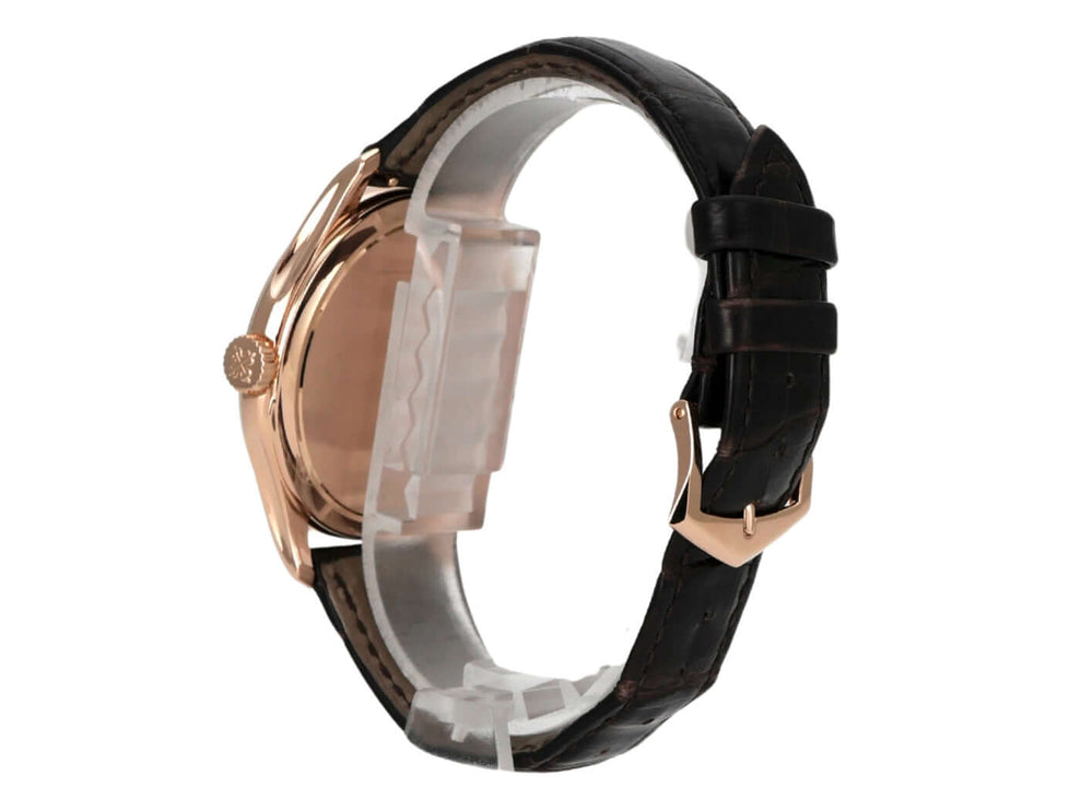 Patek Philippe Calatrava Roségold 5227R-001 mit schwarzem Alligatorlederarmband und roségoldenem Gehäuse.